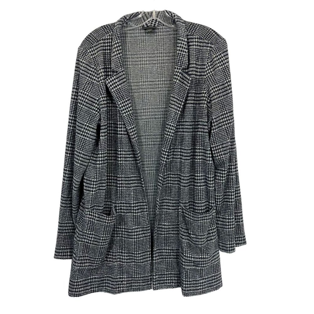 J. Jill Wearever Collection Navy Blue & Gray Plaid Terry Cloth Open Jacket LARGE